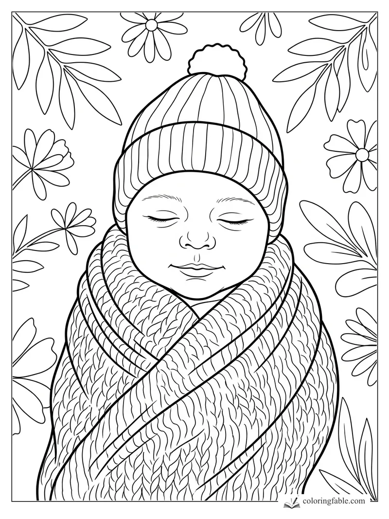 Sleeping baby in a ribbed pom-pom hat, wrapped in a textured blanket with flowers and leaves around them.