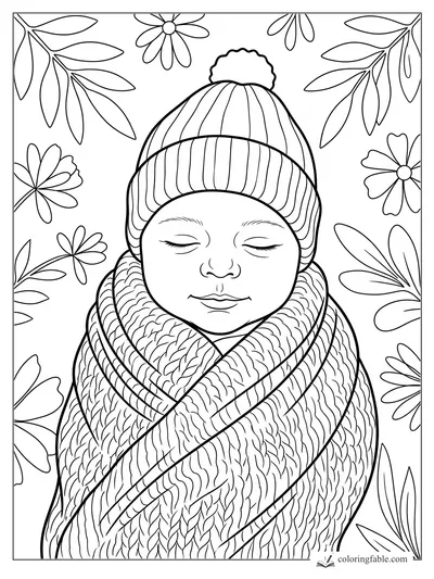 Sleeping baby in a ribbed pom-pom hat, wrapped in a textured blanket with flowers and leaves around them.