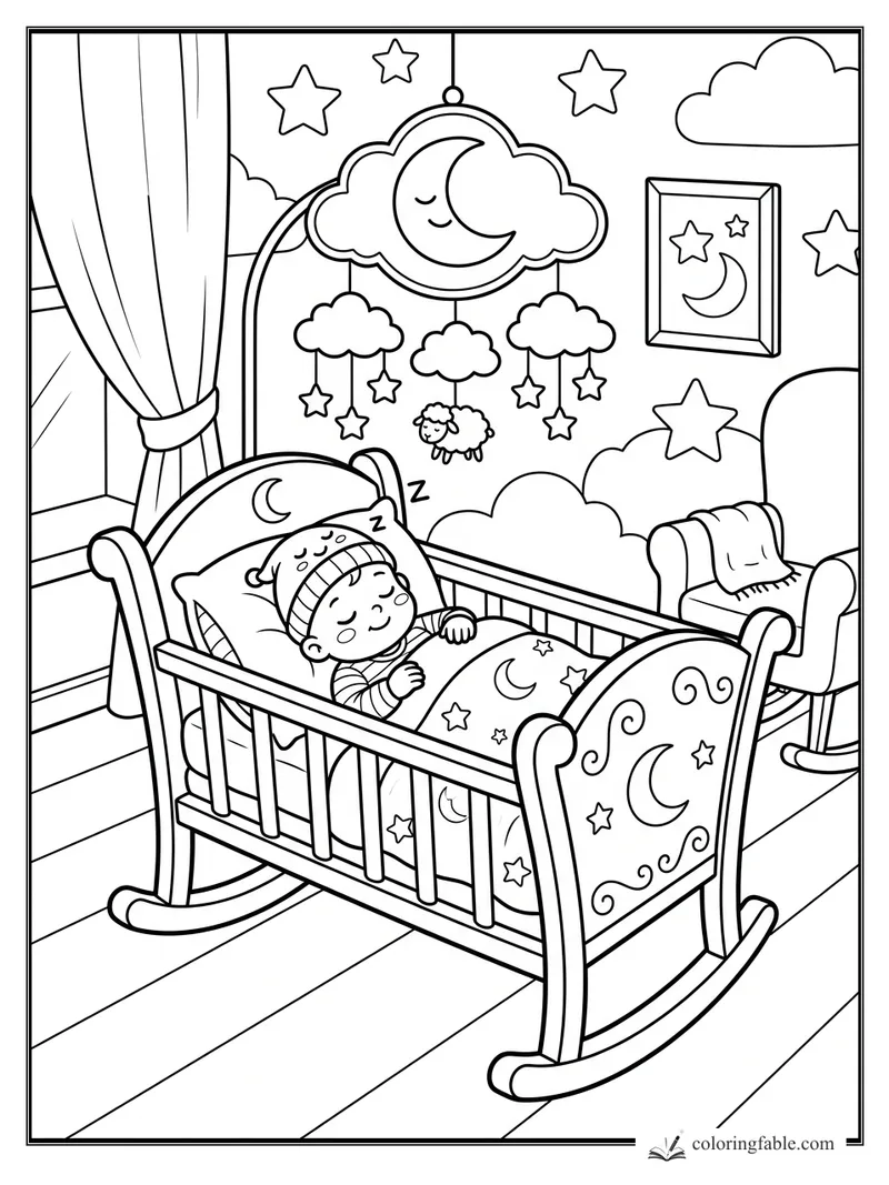 Cartoon baby sleeping in a rocking crib with moon blanket, cloud mobile, stars, curtains, and nursery chair.