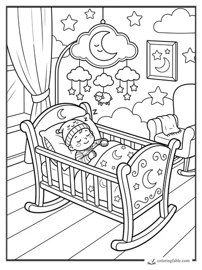 Cartoon baby sleeping in a rocking crib with moon blanket, cloud mobile, stars, curtains, and nursery chair.