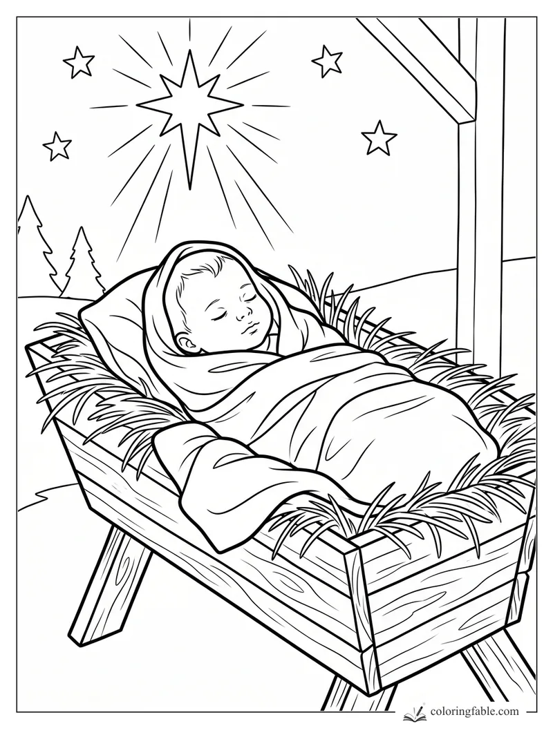 Sleeping baby wrapped in blankets in a wooden manger under a bright star inside a simple stable.