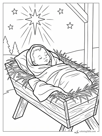 Sleeping baby wrapped in blankets in a wooden manger under a bright star inside a simple stable.