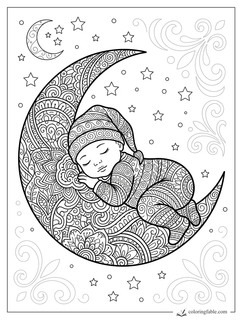 Sleeping baby in a patterned cap curled on a zentangle crescent moon with stars and swirling clouds
