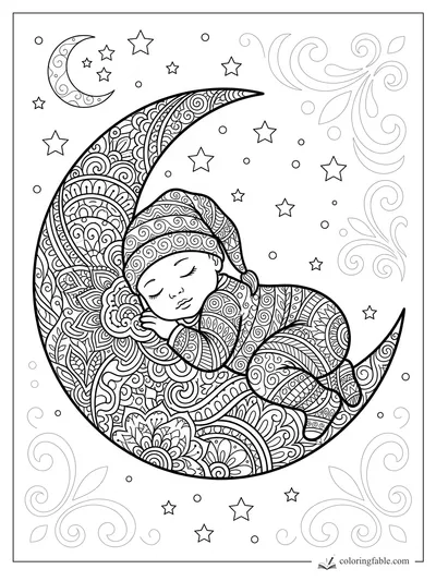 Sleeping baby in a patterned cap curled on a zentangle crescent moon with stars and swirling clouds
