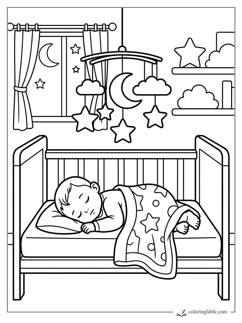 Sleeping baby in a crib with star blanket, moon mobile, curtains, and nursery shelves coloring page