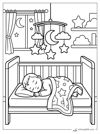 Sleeping baby in a crib with star blanket, moon mobile, curtains, and nursery shelves coloring page