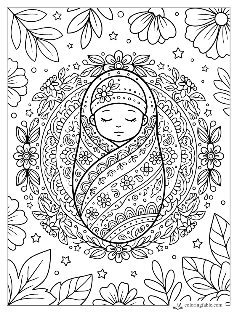 Sleeping baby in a patterned swaddle, surrounded by flowers, leaves, dots, and small stars in mandala style.