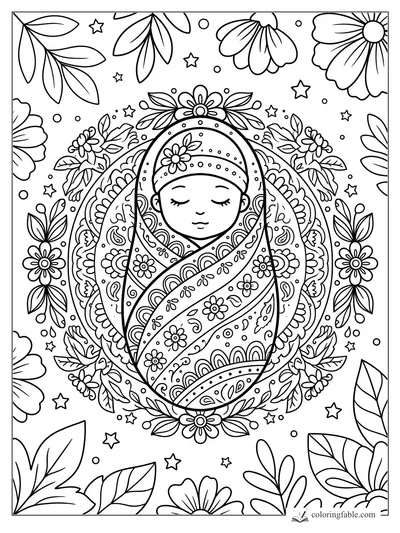 Sleeping baby in a patterned swaddle, surrounded by flowers, leaves, dots, and small stars in mandala style.