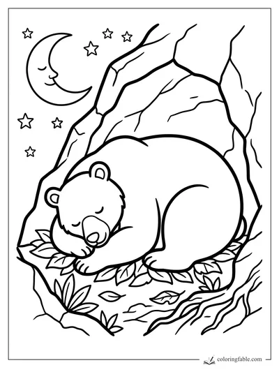 Easy coloring page of a sleeping bear in a rocky cave with a crescent moon, stars, leaves, and roots.