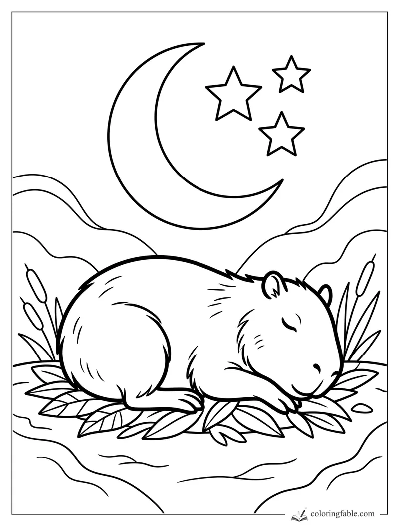 Sleeping capybara on leaves under a crescent moon and three stars, with cattails by the water