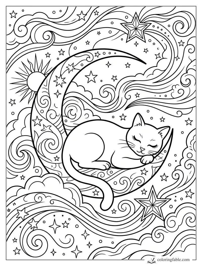 Sleeping cat curled on a crescent moon among swirling clouds, stars, and a bright sun