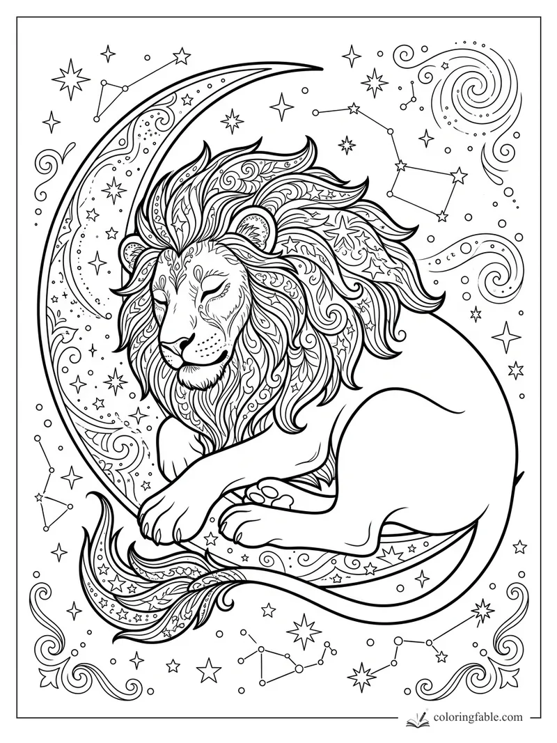 Intricate sleeping lion curled on a crescent moon with stars, constellations, and swirling galaxy details.
