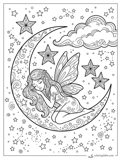 Sleeping fairy curled on a crescent moon with patterned wings, stars, clouds, and spiral sky details