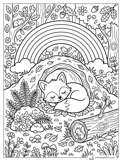 Kawaii sleeping fox under a rainbow arch in a leafy forest with bird, squirrels, mushrooms, acorns, and log