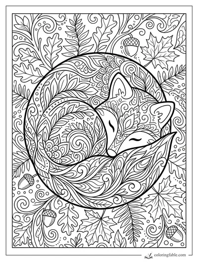 Sleeping fox curled in a circle with zentangle leaves, acorns, maple leaves, oak leaves, and swirling vines.