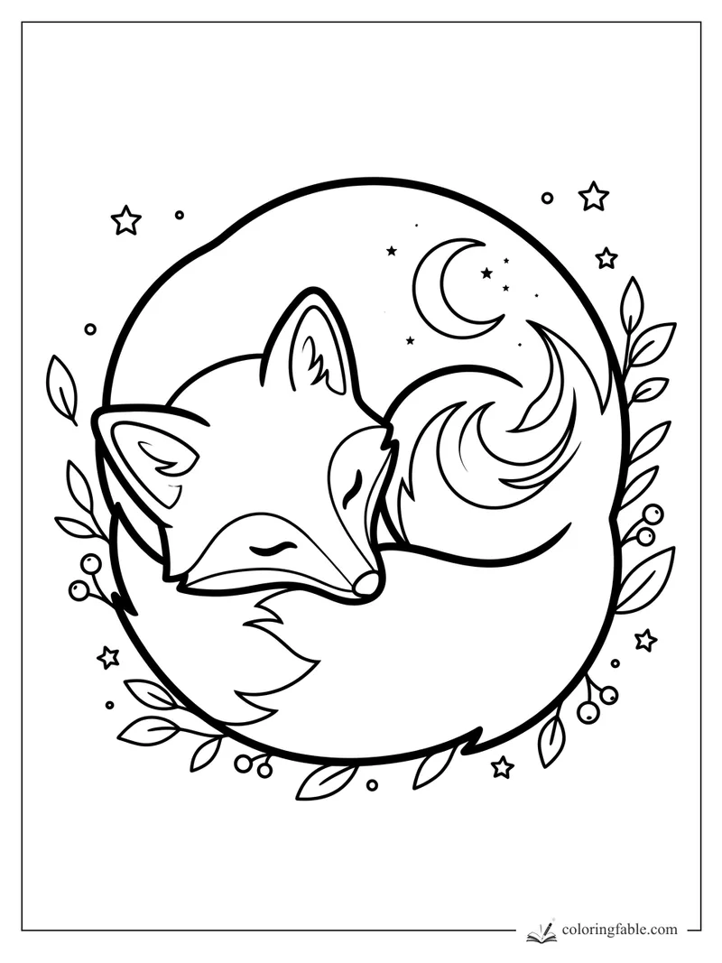 Minimalist sleeping fox curled beneath a crescent moon, stars, leaves, and berry sprigs.