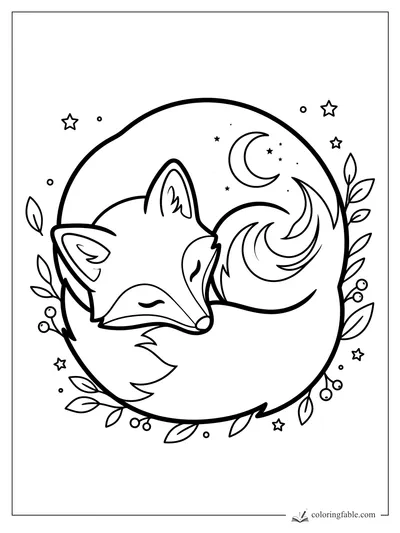 Minimalist sleeping fox curled beneath a crescent moon, stars, leaves, and berry sprigs.