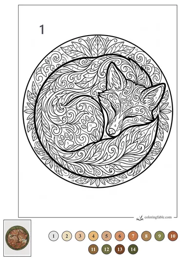Sleeping Fox Zentangle Mandala — color by number