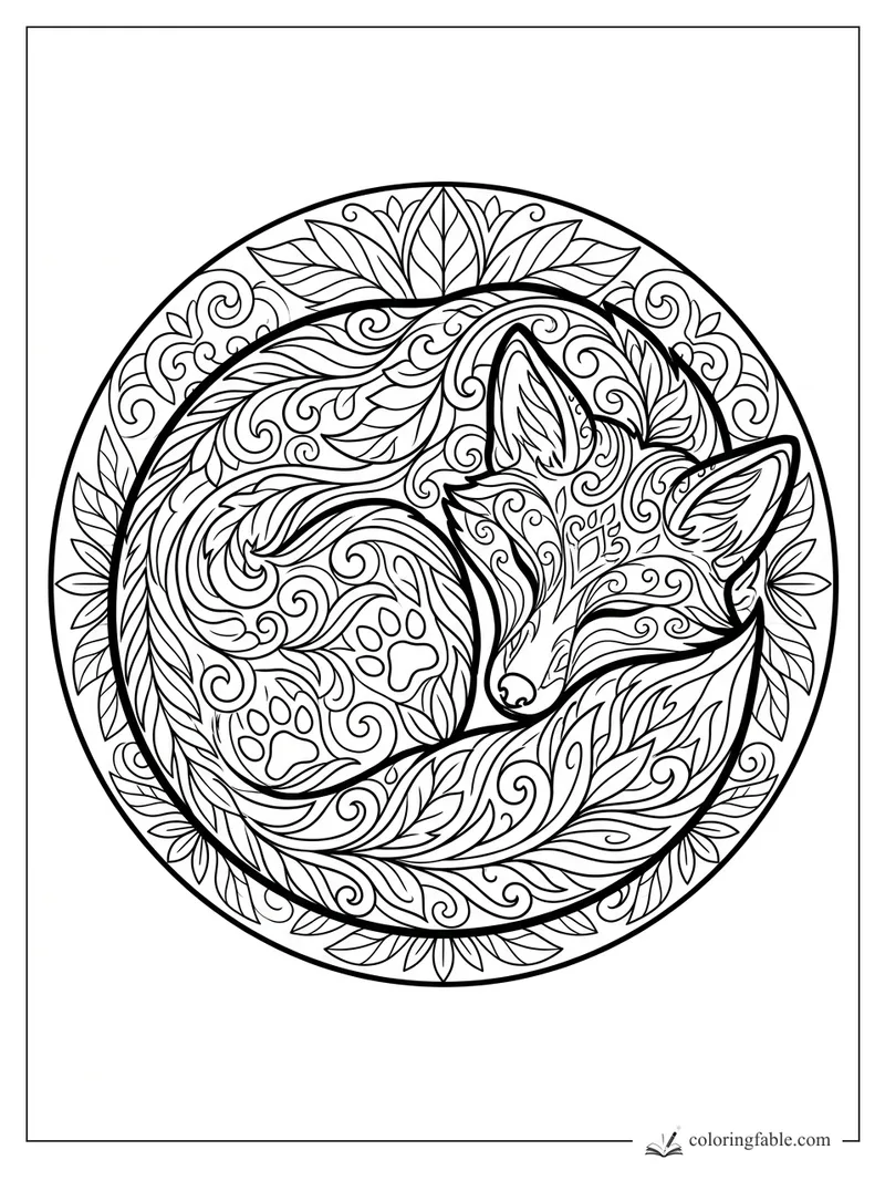 Intricate zentangle fox curled asleep inside a leaf-and-swirl mandala circle