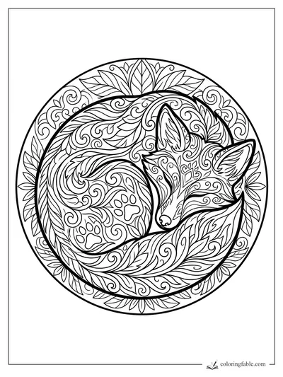 Intricate zentangle fox curled asleep inside a leaf-and-swirl mandala circle