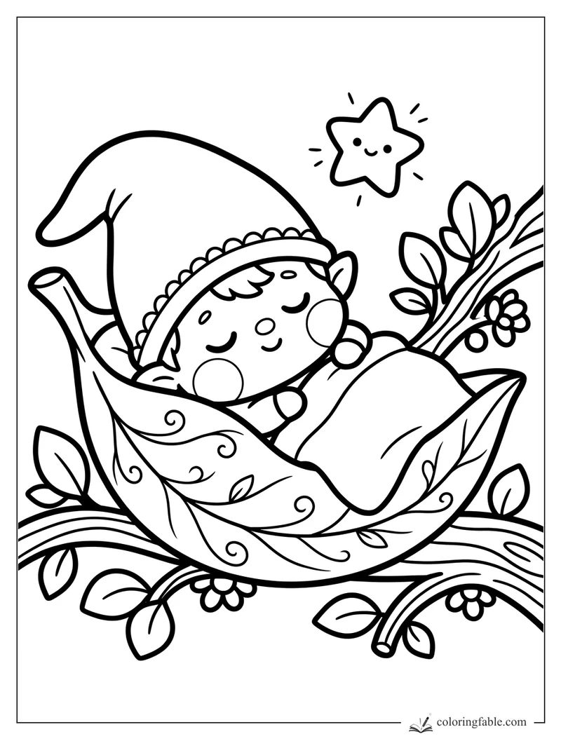Kawaii gnome sleeping in a curled leaf cradle with vines, flowers, and a smiling star