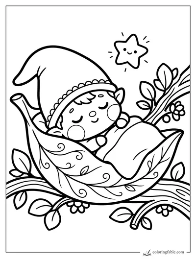 Kawaii gnome sleeping in a curled leaf cradle with vines, flowers, and a smiling star