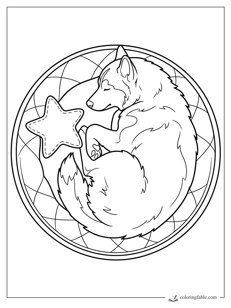 Minimalist coloring page of a curled sleeping husky hugging a star pillow in a round quilted bed.