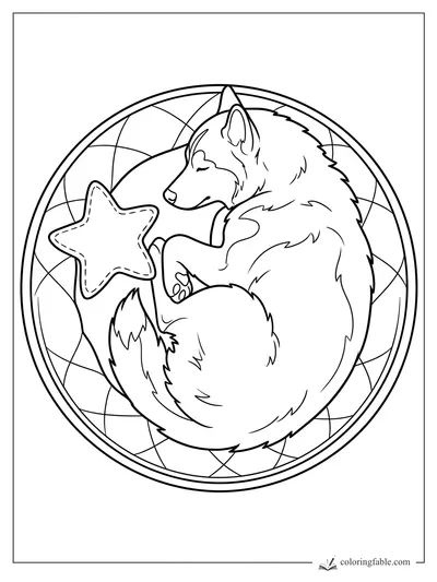 Minimalist coloring page of a curled sleeping husky hugging a star pillow in a round quilted bed.