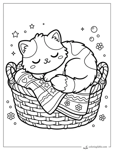 Kawaii kitten sleeping in a woven basket with patterned blankets, stars, bubbles, and flowers