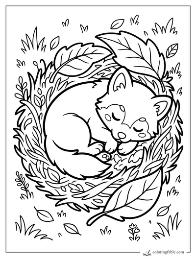 Kawaii wolf pup sleeping curled in a nest of leaves, grass, and forest plants coloring page
