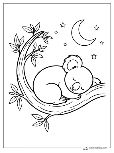 Minimalist sleeping koala on a curved leafy branch under a crescent moon and stars