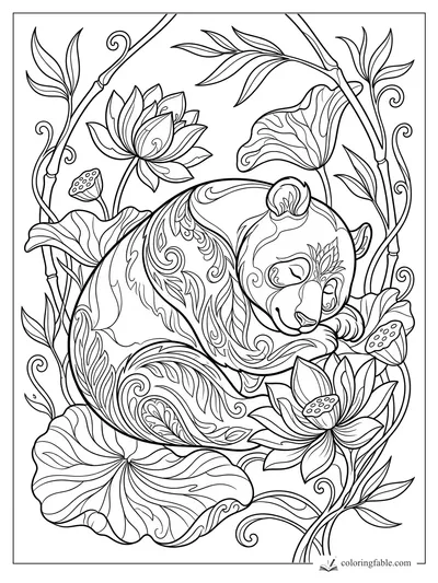 Art nouveau sleeping panda curled among lotus flowers, bamboo stems, curling vines, and patterned leaves