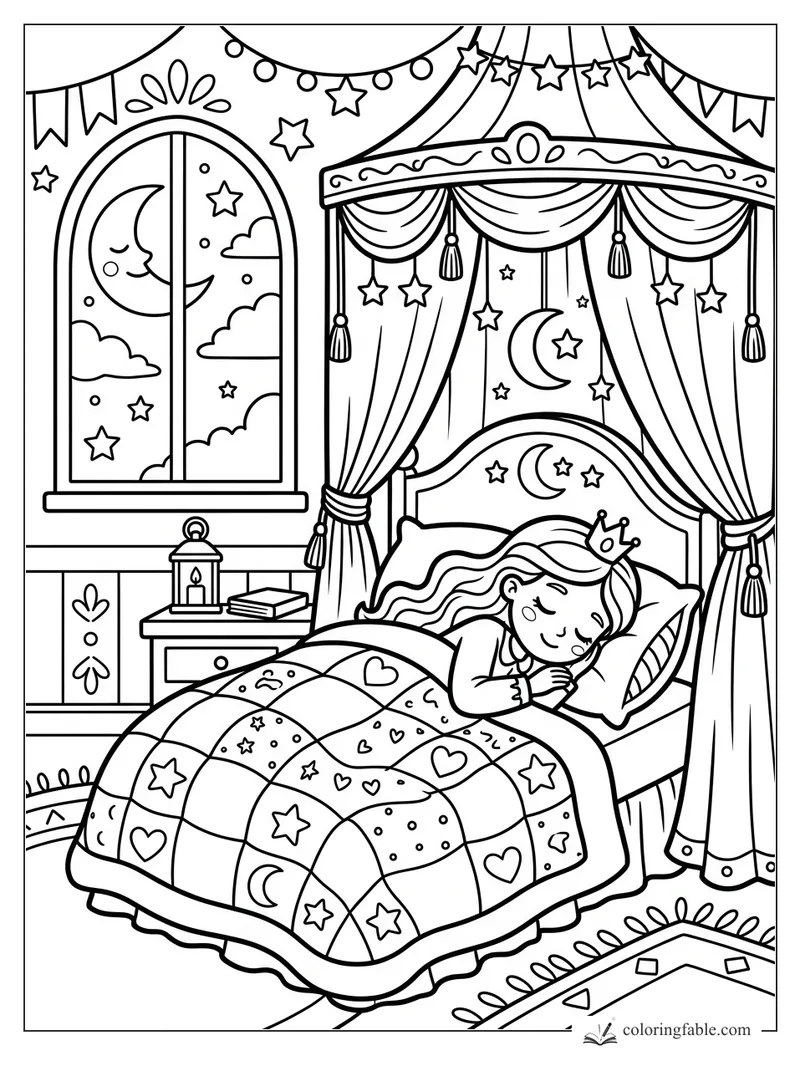 Sleeping princess in a canopy bed with moon window, lantern, bunting, stars, and a patchwork quilt