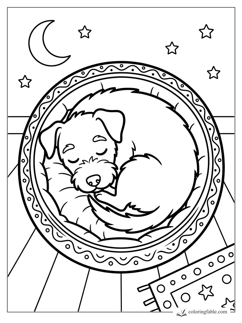 Sleeping puppy curled in a round patterned bed with moon, stars, pillow, and blanket