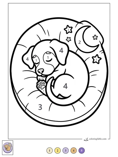 Sleeping Puppy on a Moon and Stars Cushion — color by number