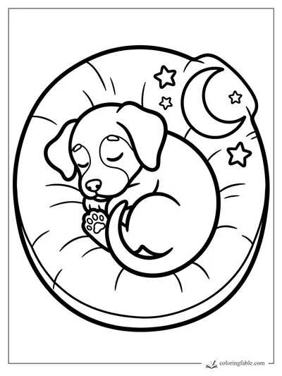 Easy coloring page of a curled sleeping puppy on a round cushion with crescent moon and stars