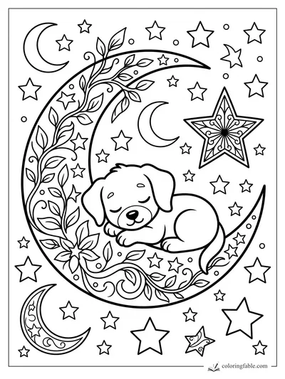 Sleeping puppy curled on an ornate crescent moon with vines, stars, and tiny moons coloring page