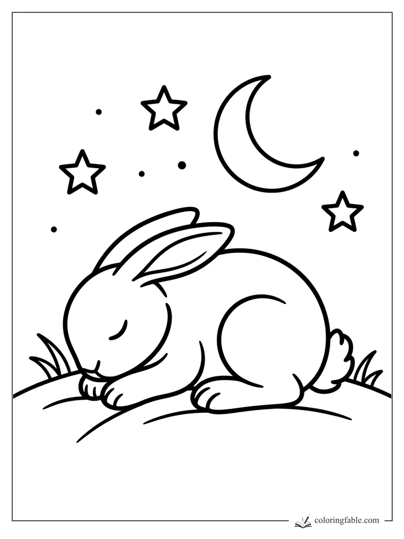 Minimalist sleeping rabbit on a hill under a crescent moon, stars, dots, and small grass tufts.