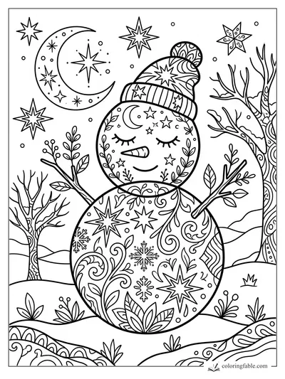 Intricate snowman with closed eyes, patterned hat, twig arms, crescent moon, stars, trees, and snowy hills