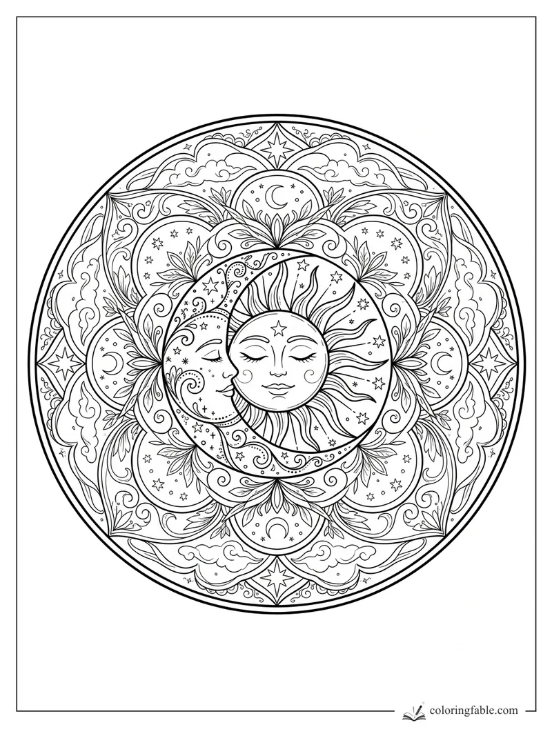 Intricate sun and crescent moon mandala with stars, clouds, leaves, and swirling celestial patterns