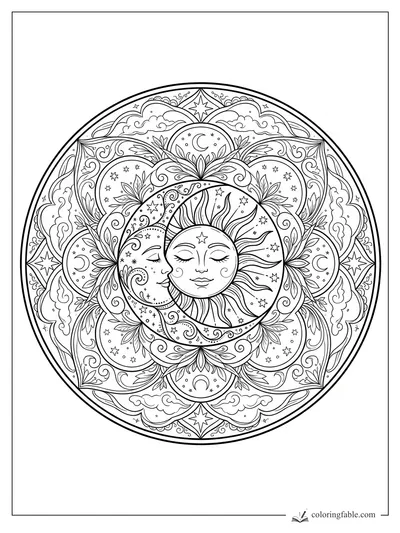 Intricate sun and crescent moon mandala with stars, clouds, leaves, and swirling celestial patterns