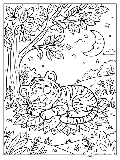 Cartoon tiger cub sleeping on leaves beneath a crescent moon, stars, flowers, and leafy tree branches.