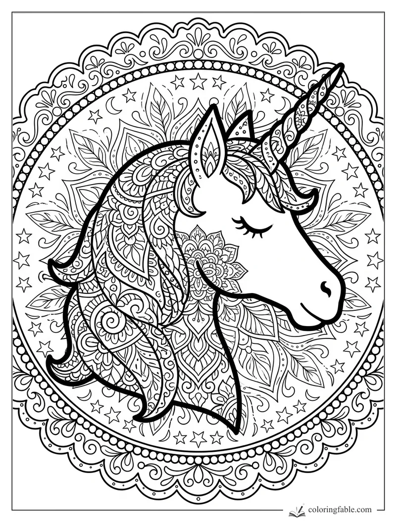 Intricate mandala unicorn head with closed eye, floral mane, stars, moons, and scalloped border