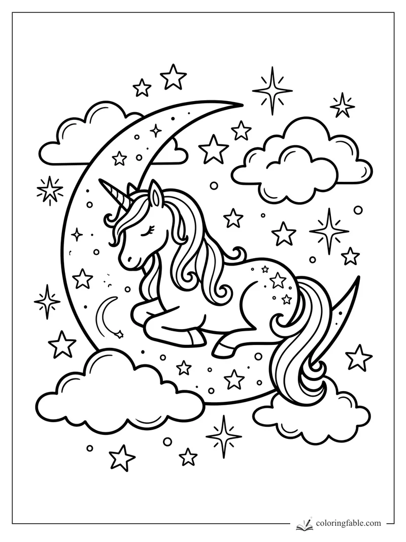 Aesthetic unicorn sleeping on a crescent moon with clouds, stars, and a curled mane