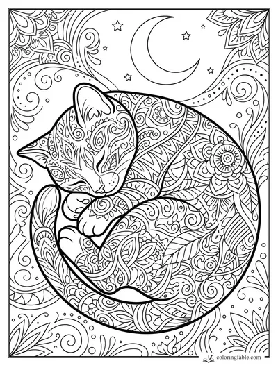 Intricate zentangle kitten curled asleep under a crescent moon with stars, paisley swirls, and floral patterns