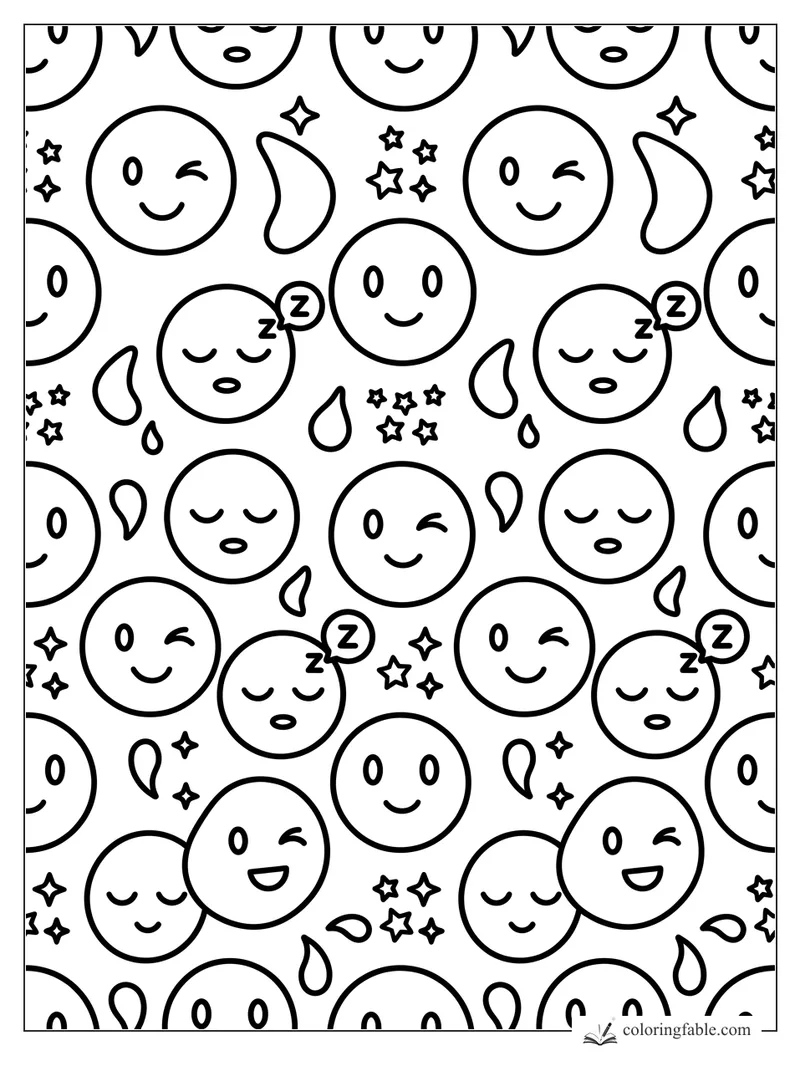 Kawaii emoji coloring page with sleepy faces, winking smiles, stars, crescents, drops, and Z bubbles.