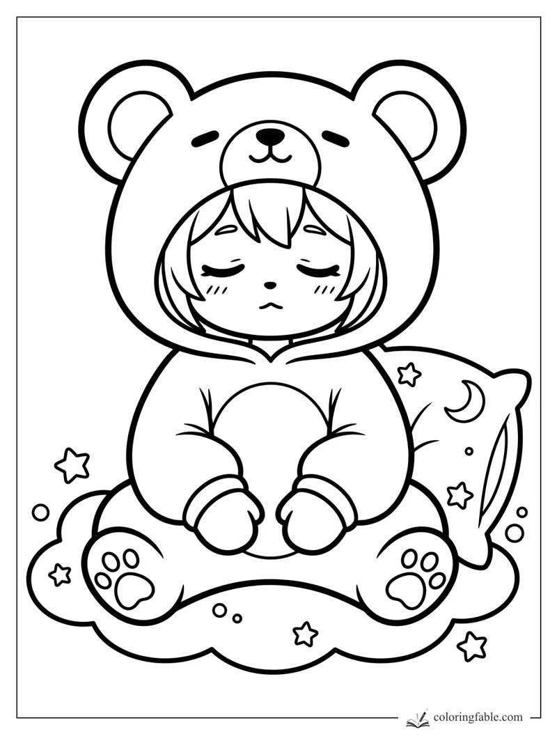 Sleepy anime child in a bear hoodie sitting on a cloud with moon pillow, stars, and paw-print feet