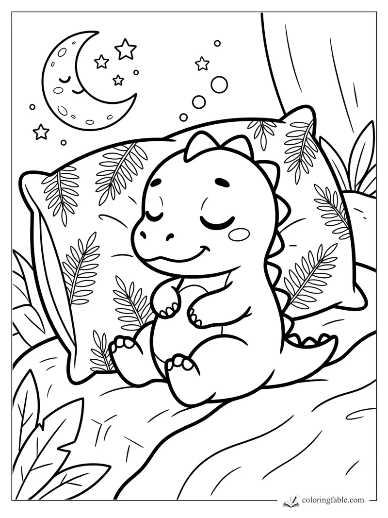 Kawaii baby dinosaur sleeping by a leafy pillow under a crescent moon and stars