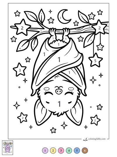 Sleepy Bat Hanging from a Starry Branch — color by number