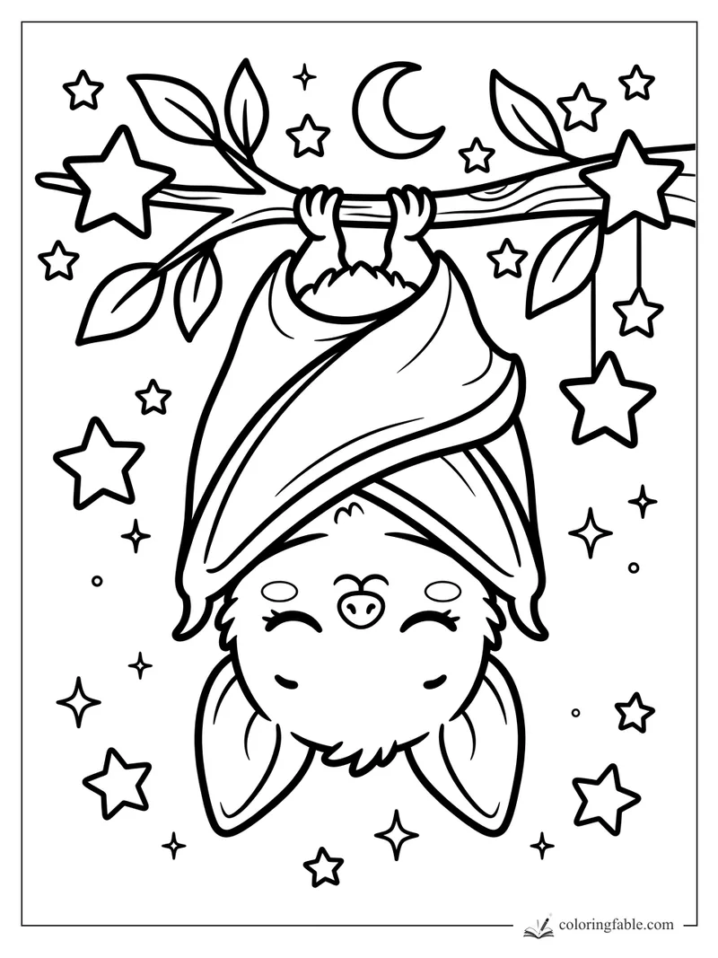Kawaii bat hanging upside down from a leafy branch with moon and stars